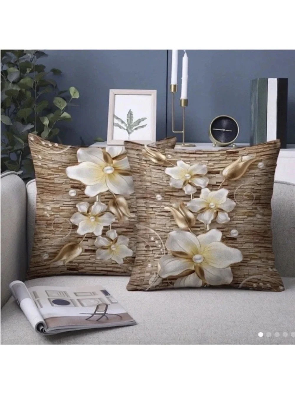 Neutral Beige Floral Accent Pillow Covers with Gold Petals - Set of 2
